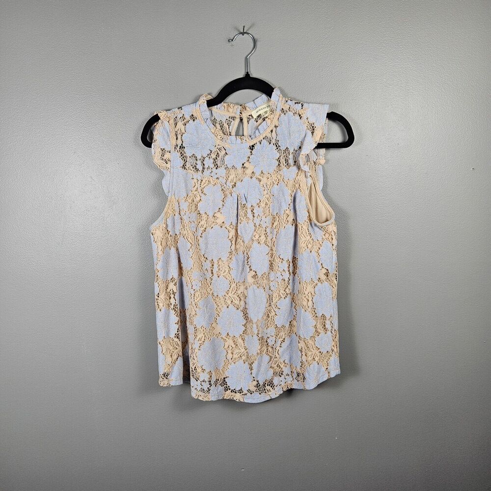 Monteau Lace Overlay Ruffle Trim Floral Baby‎ Blue Tan Sleeveless Blouse Large